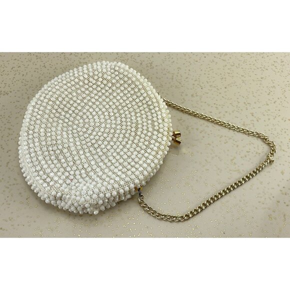 Vintage 50s cream beaded purse, Mid Century clutch, formal event accessory - Picture 3 of 8